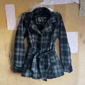 Me Jane Black and Gray Plaid Trench Coat